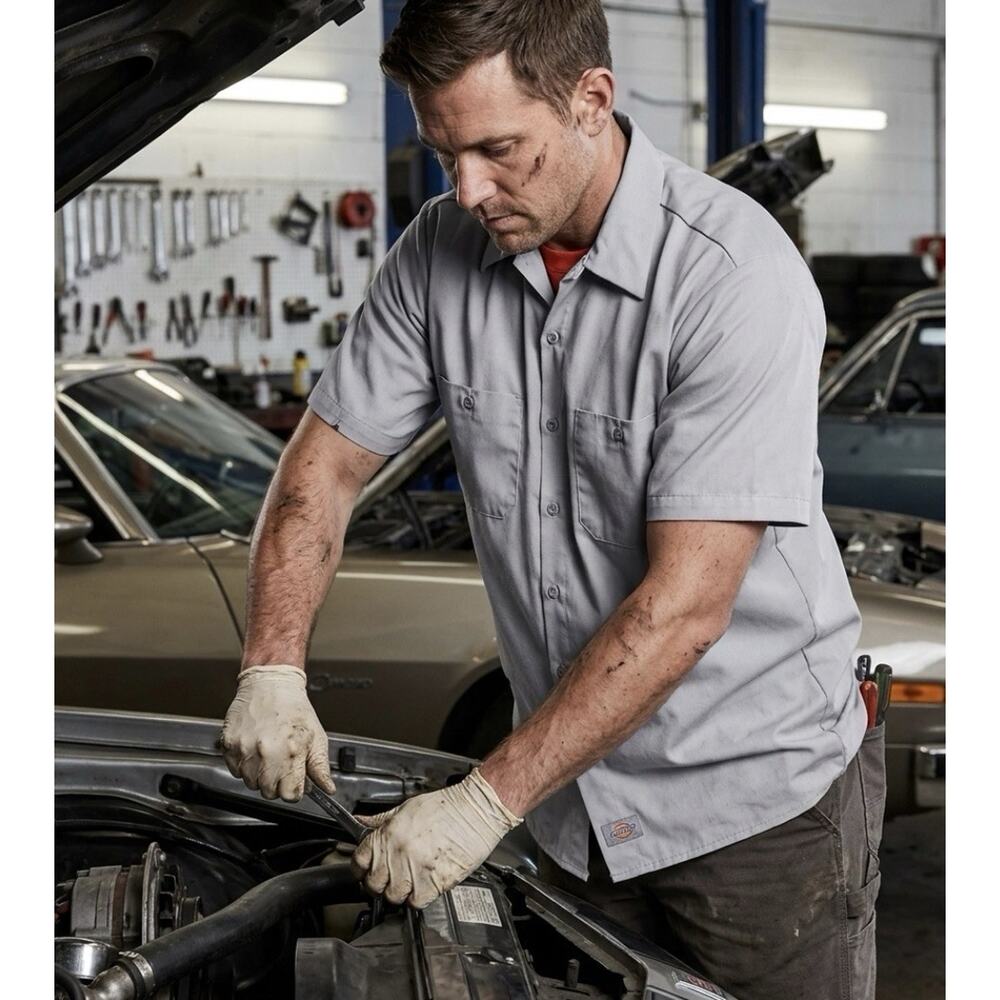 Dickies Light Gray Mechanic Industrial Work Shirt XXL Short Sleeve Poly Cotton